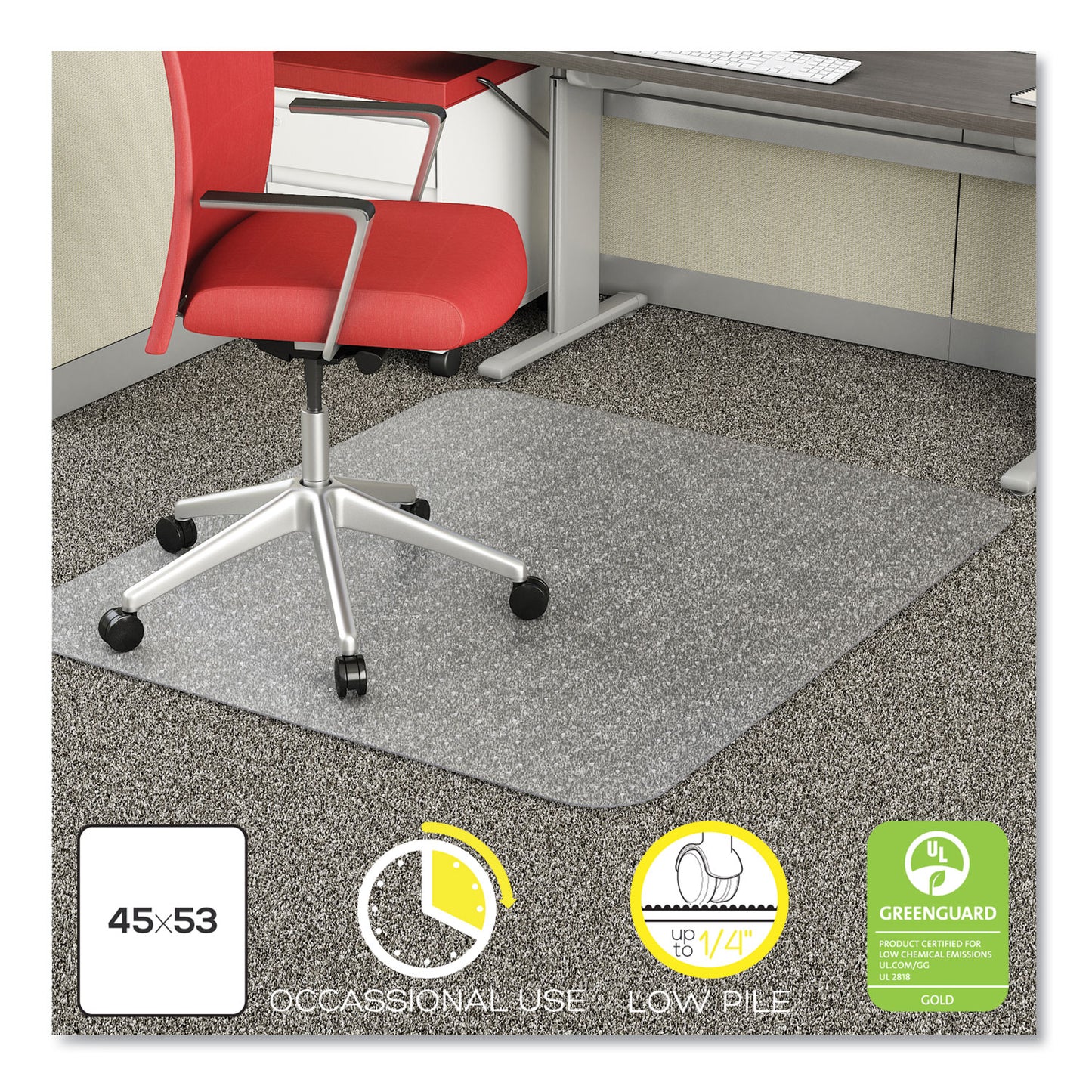 Deflecto EconoMat Occasional Use Chair Mat for Low Pile Carpet, 45 x 53, Rectangular, Clear (CM11242COM)