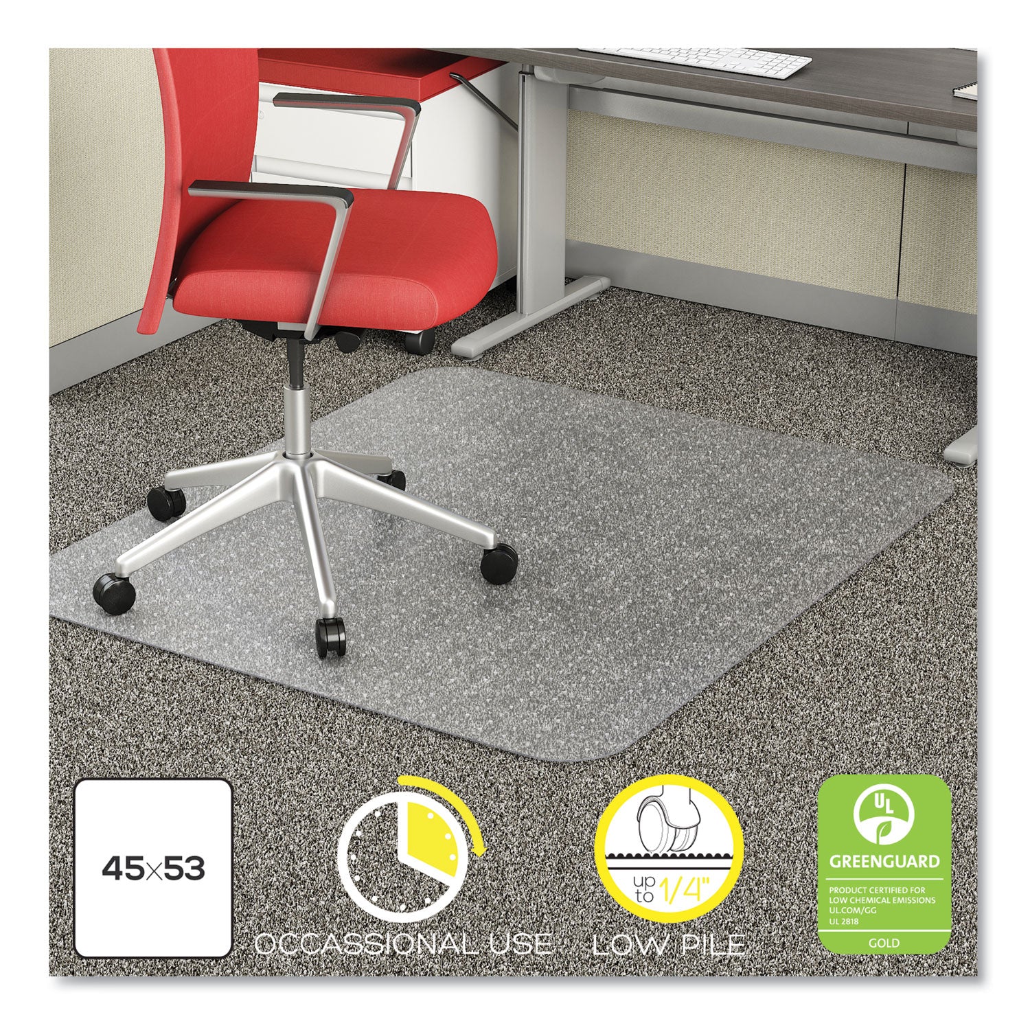 Deflecto EconoMat Occasional Use Chair Mat for Low Pile Carpet, 45 x 53, Rectangular, Clear (CM11242COM)