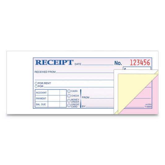 Adams Receipt Book, Three-Part Carbonless, 2.75 x 7.19, 50 Forms Total (TC2701)