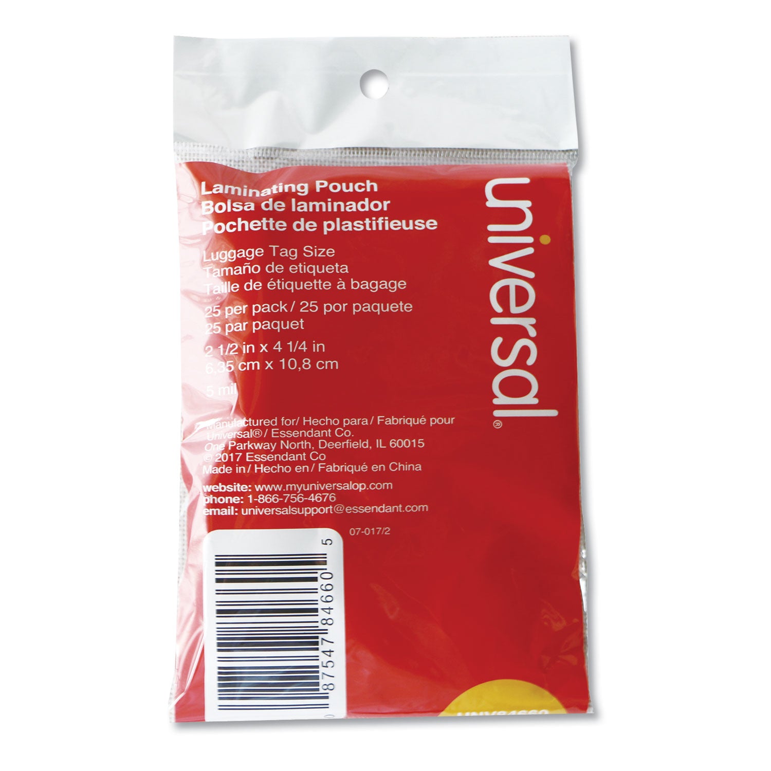 Universal Laminating Pouches, 5 mil, 2.5" x 4.25", Gloss Clear, 25/Pack (84660)