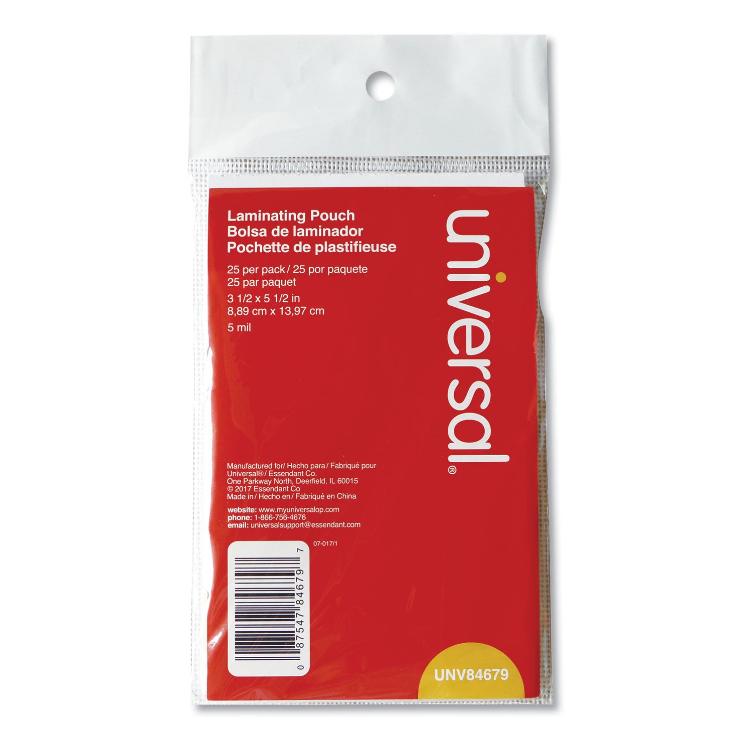 Universal Laminating Pouches, 5 mil, 5.5" x 3.5", Gloss Clear, 25/Pack (84679)