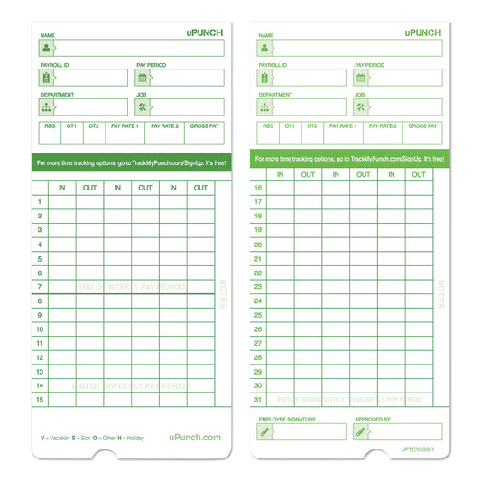 Time Clock Cards for uPunch HN1000/HN3000/HN3600, Two Sides, 7.5 x 3.5, 100/Pack (HNTCG1100)