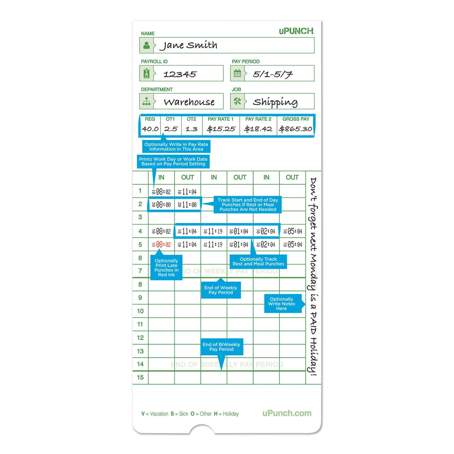 Time Clock Cards for uPunch HN1000/HN3000/HN3600, Two Sides, 7.5 x 3.5, 100/Pack (HNTCG1100)