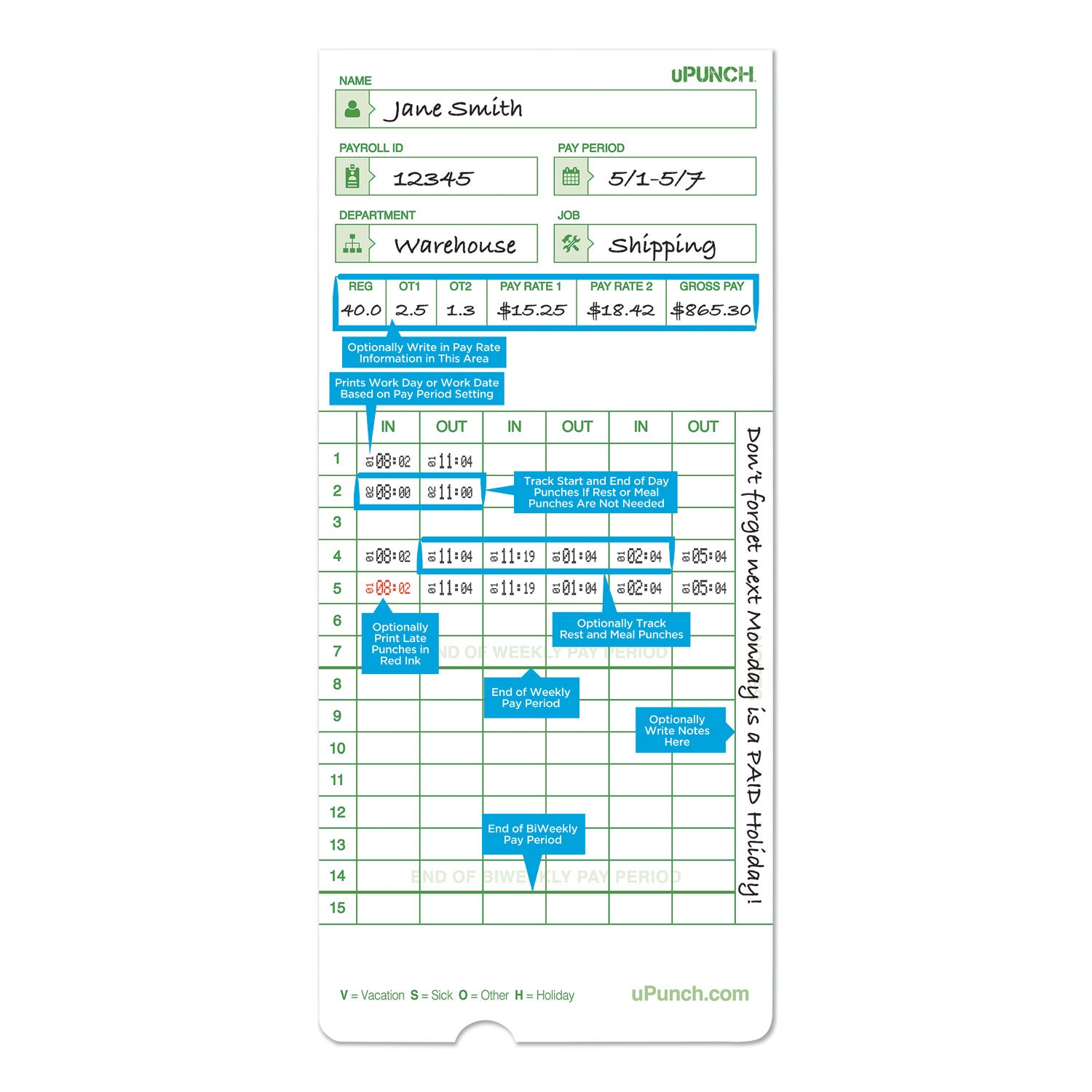 Time Clock Cards for uPunch HN1000/HN3000/HN3600, Two Sides, 7.5 x 3.5, 100/Pack (HNTCG1100)