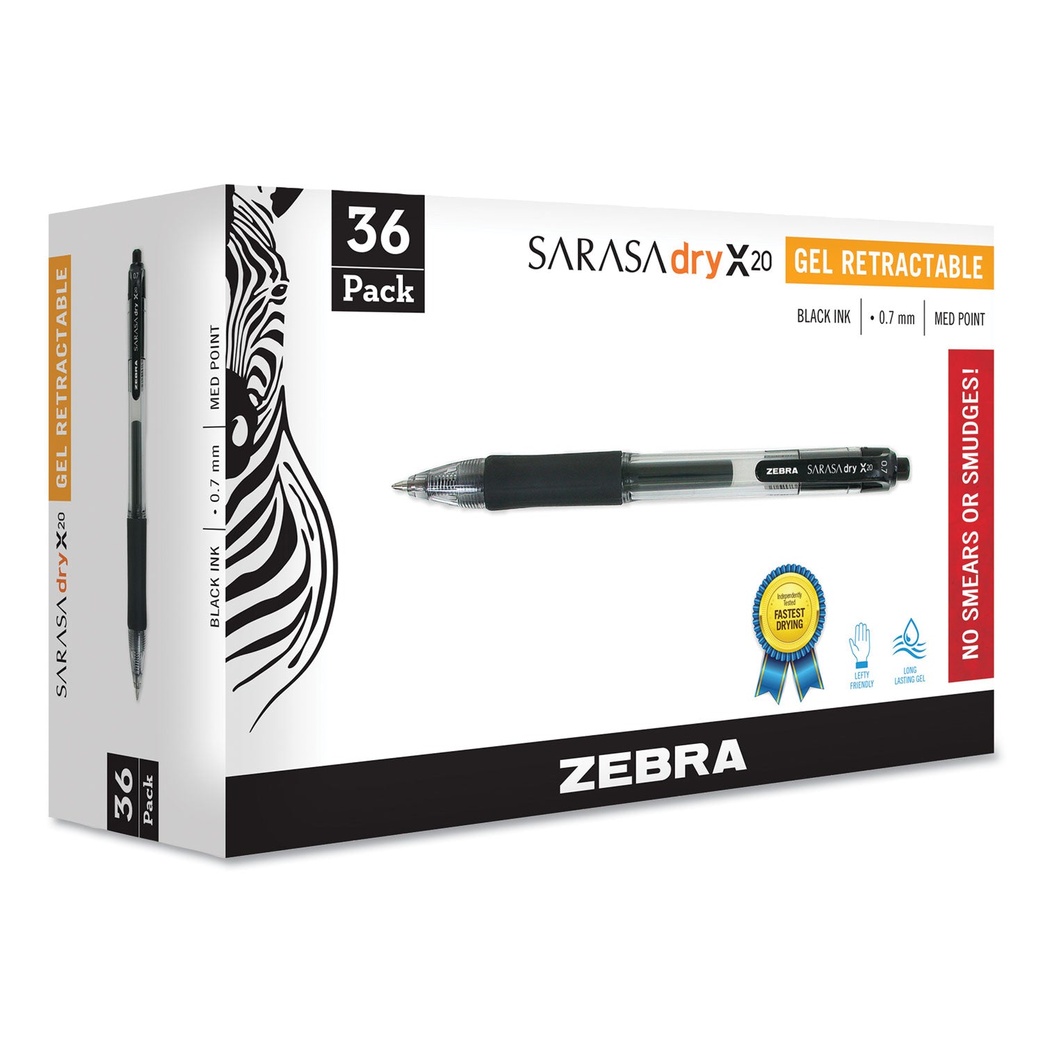 Zebra Sarasa Dry Gel X20 Gel Pen, Retractable, Medium 0.7 mm, Black Ink, Clear/Black Barrel, 36/Pack (46136)