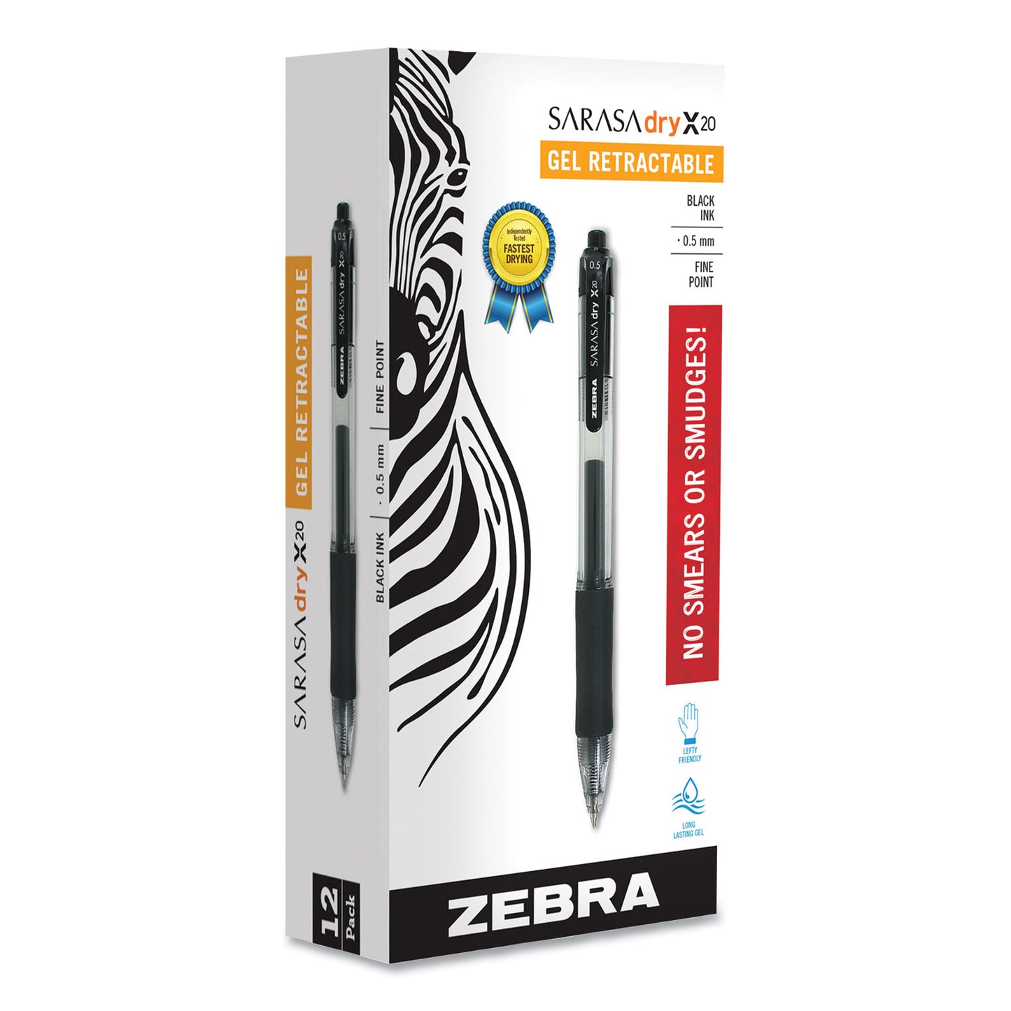 Zebra Sarasa Dry Gel X20 Gel Pen, Retractable, Fine 0.5 mm, Black Ink, Clear/Black Barrel, 12/Pack (46710)