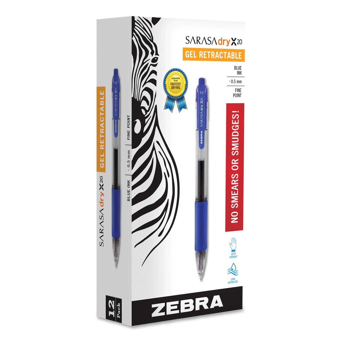 Zebra Sarasa Dry Gel X20 Gel Pen, Retractable, Fine 0.5 mm, Blue Ink, Clear/Blue Barrel, 12/Pack (46720)