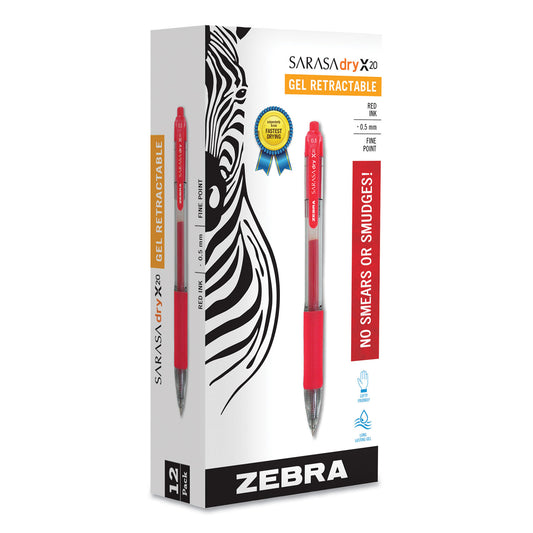 Zebra Sarasa Dry Gel X20 Gel Pen, Retractable, Fine 0.5 mm, Red Ink, Clear/Red Barrel, 12/Pack (46730)