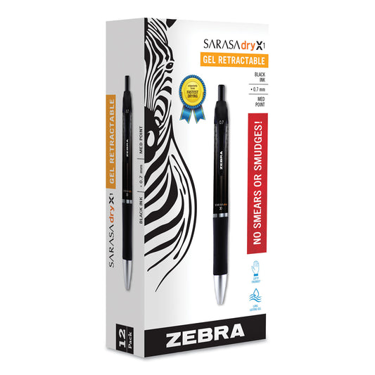 Zebra Sarasa Dry Gel X1 Gel Pen, Retractable, Medium 0.7 mm, Black Ink, Black Barrel, 12/Pack (45610)