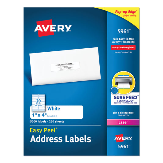 Avery Easy Peel White Address Labels w/ Sure Feed Technology, Laser Printers, 1 x 4, White, 20/Sheet, 250 Sheets/Box (5961) - 2 Pack