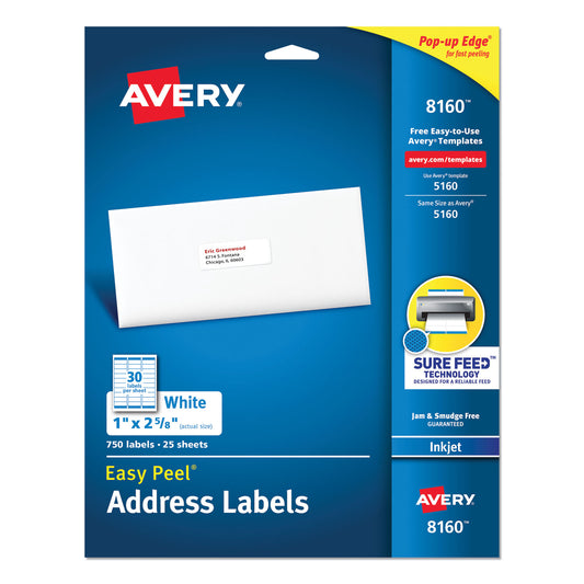 Avery Easy Peel White Address Labels w/ Sure Feed Technology, Inkjet Printers, 1 x 2.63, White, 30/Sheet, 25 Sheets/Pack (8160) - 2 Pack