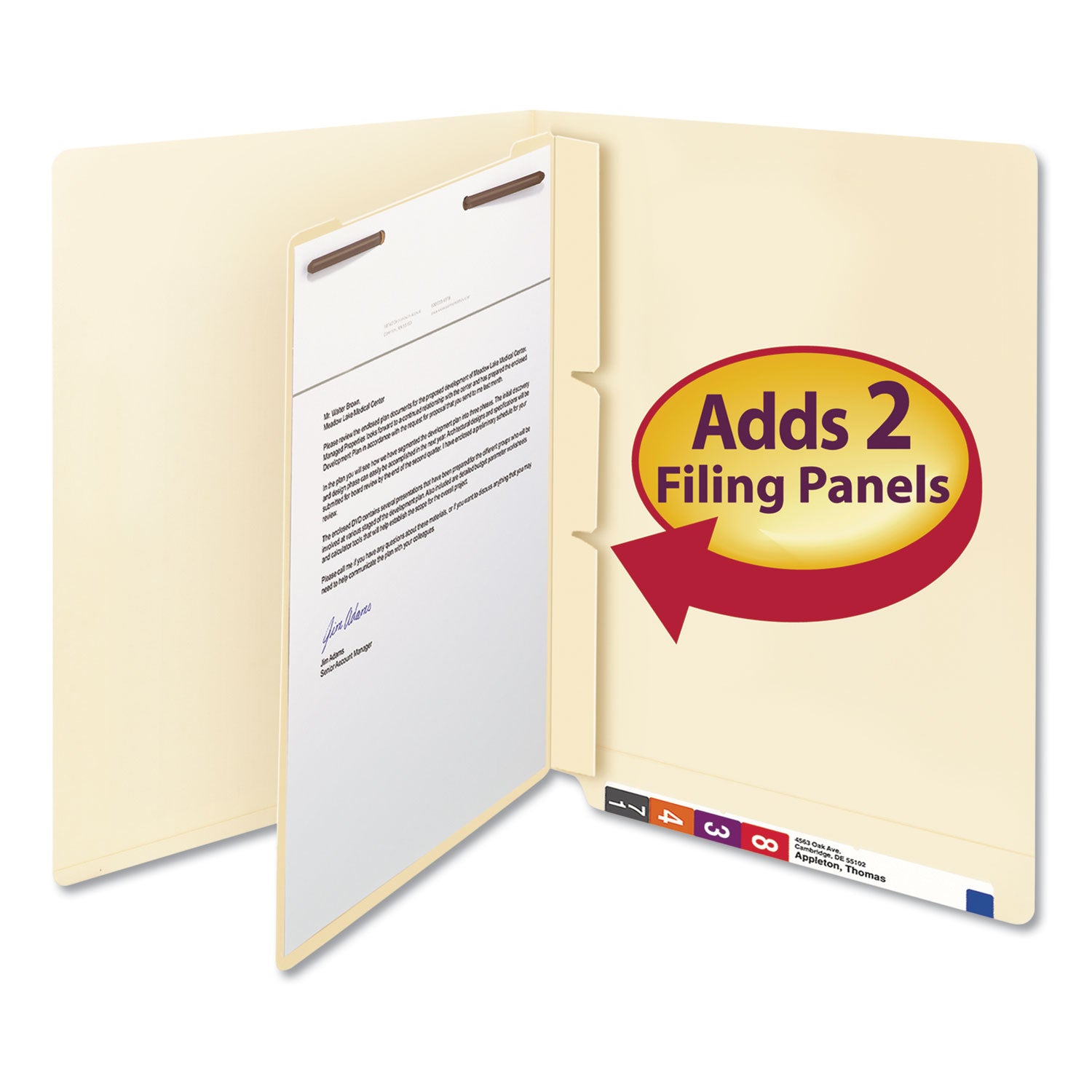 Smead Self-Adhesive Folder Dividers with Twin-Prong Fasteners for Top/End Tab Folders, 1 Fastener, Letter Size, Manila, 100/Box (68027)