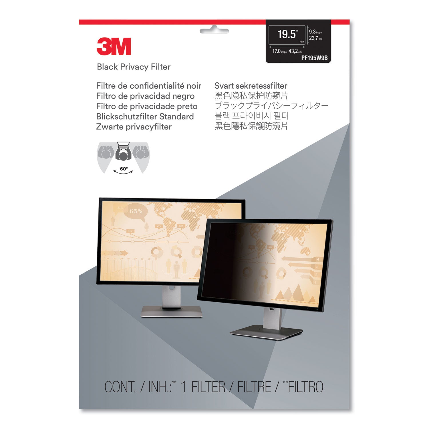 3M Frameless Blackout Privacy Filter for 19.5" Widescreen Flat Panel Monitor, 16:9 Aspect Ratio (PF195W9B)