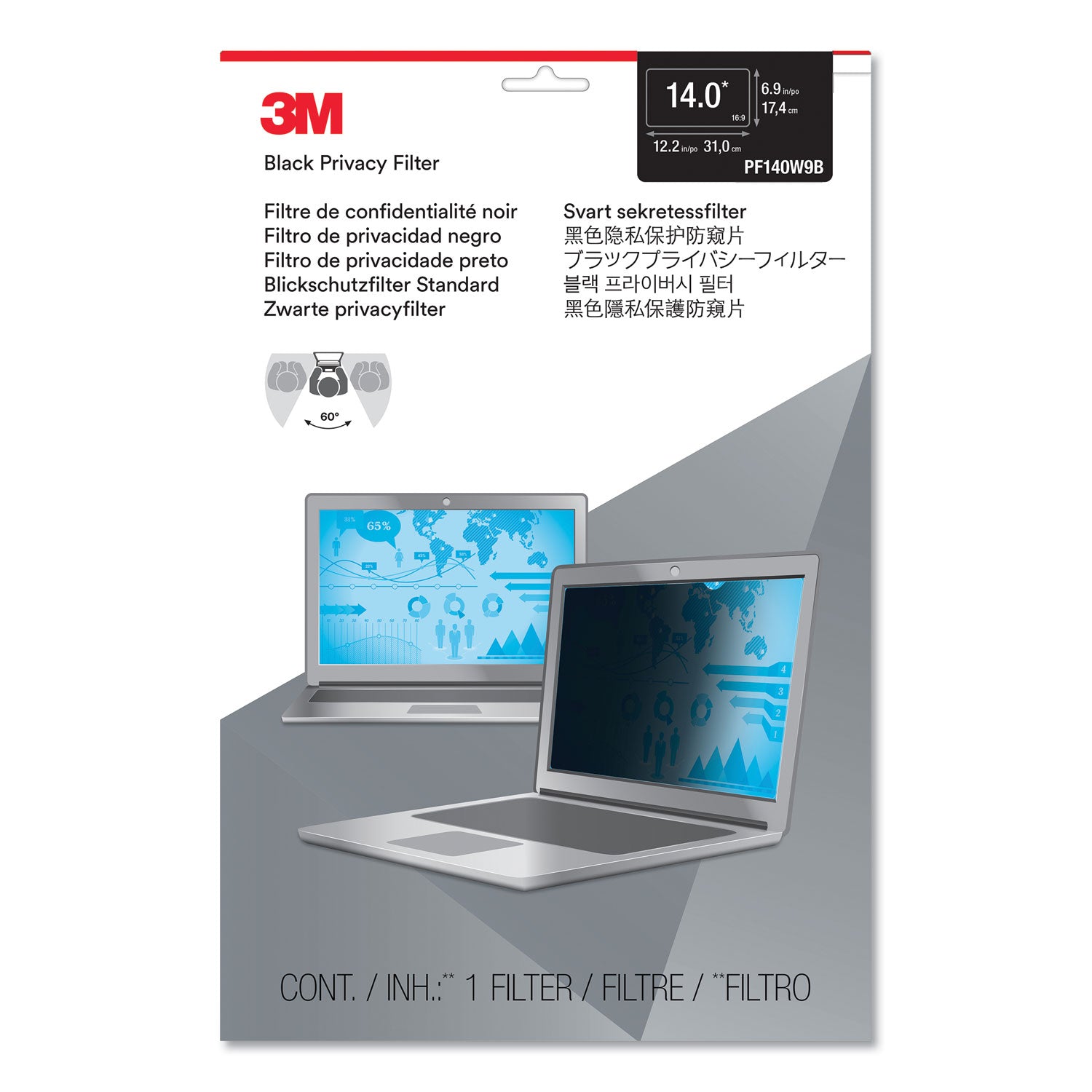 3M Frameless Blackout Privacy Filter for 14" Widescreen Laptop, 16:9 Aspect Ratio (PF140W9B)