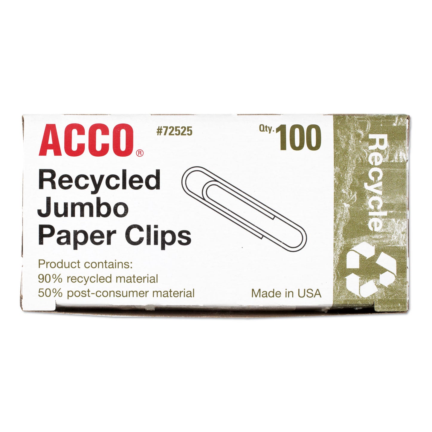 Acco Recycled Paper Clips, Jumbo, Smooth, Silver, 100 Clips/Box, 10 Boxes/Pack (72525)