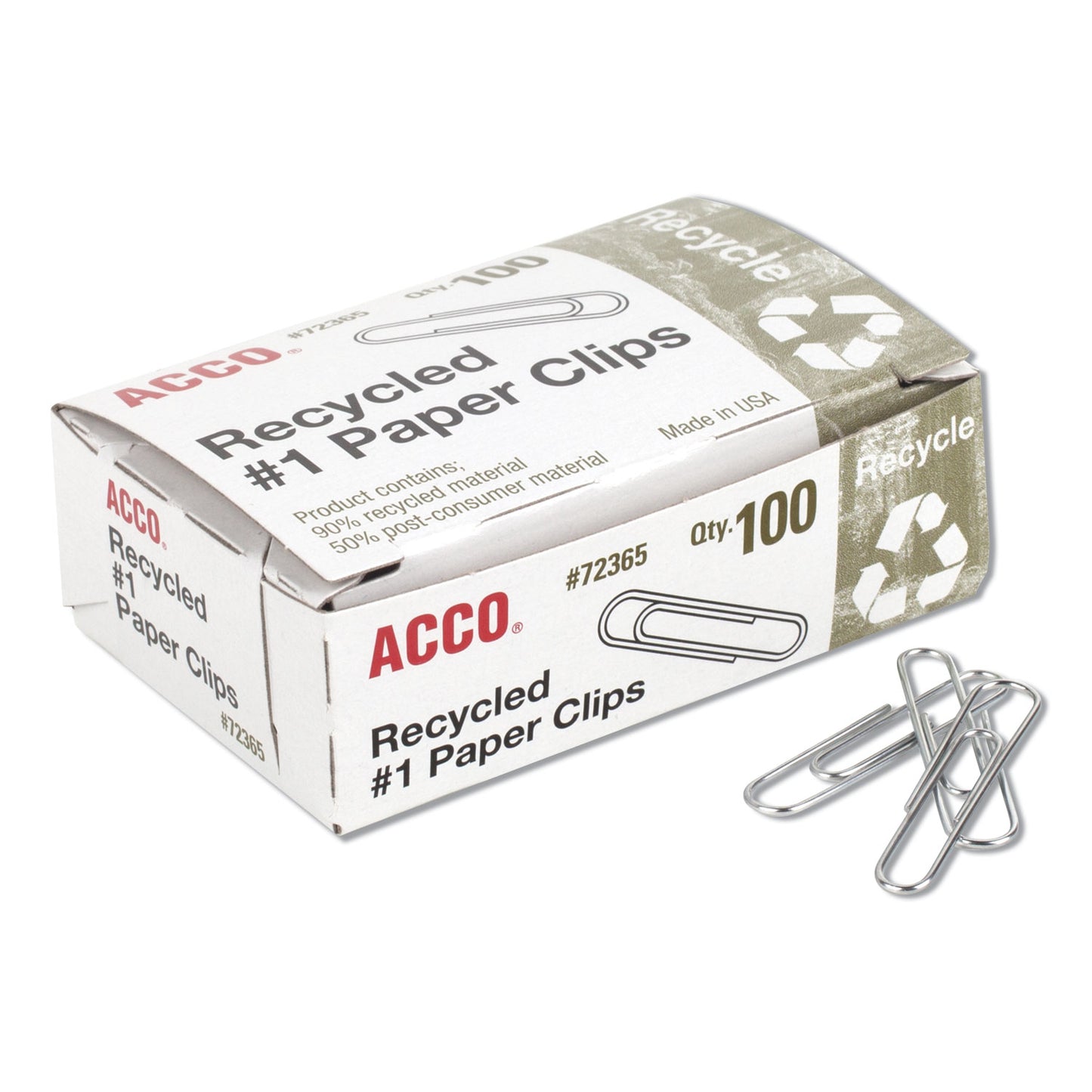 Acco Recycled Paper Clips, #1, Smooth, Silver, 100 Clips/Box, 10 Boxes/Pack (72365)