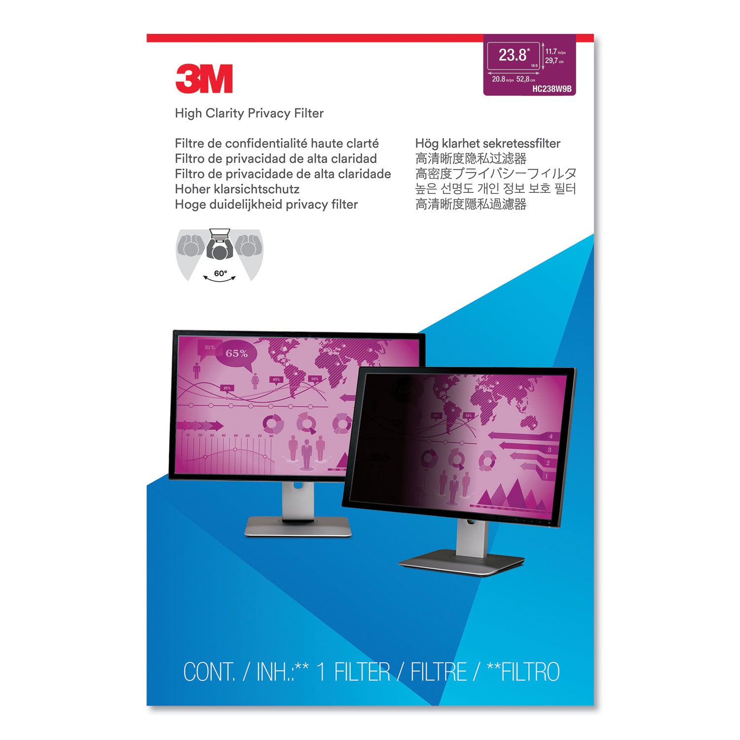 3M High Clarity Privacy Filter for 23.8" Widescreen Flat Panel Monitor, 16:9 Aspect Ratio (HC238W9B)