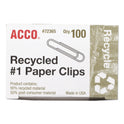 Acco Recycled Paper Clips, #1, Smooth, Silver, 100 Clips/Box, 10 Boxes/Pack (72365)