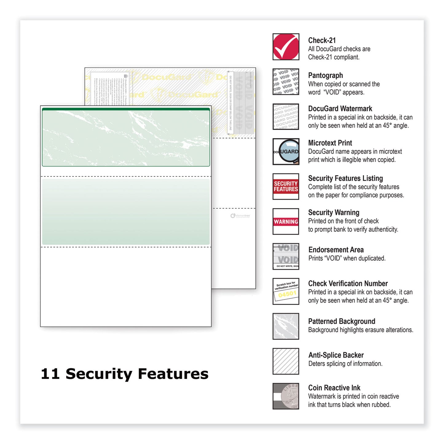 DocuGard Standard Security Check, 11 Features, 8.5 x 11, Green Marble Top, 500/Ream (04502)