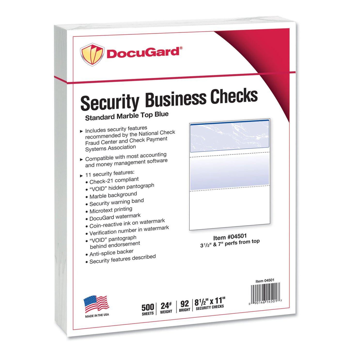 DocuGard Security Business Checks, 11 Features, 8.5 x 11, Blue Marble Top, 500/Ream (04501)