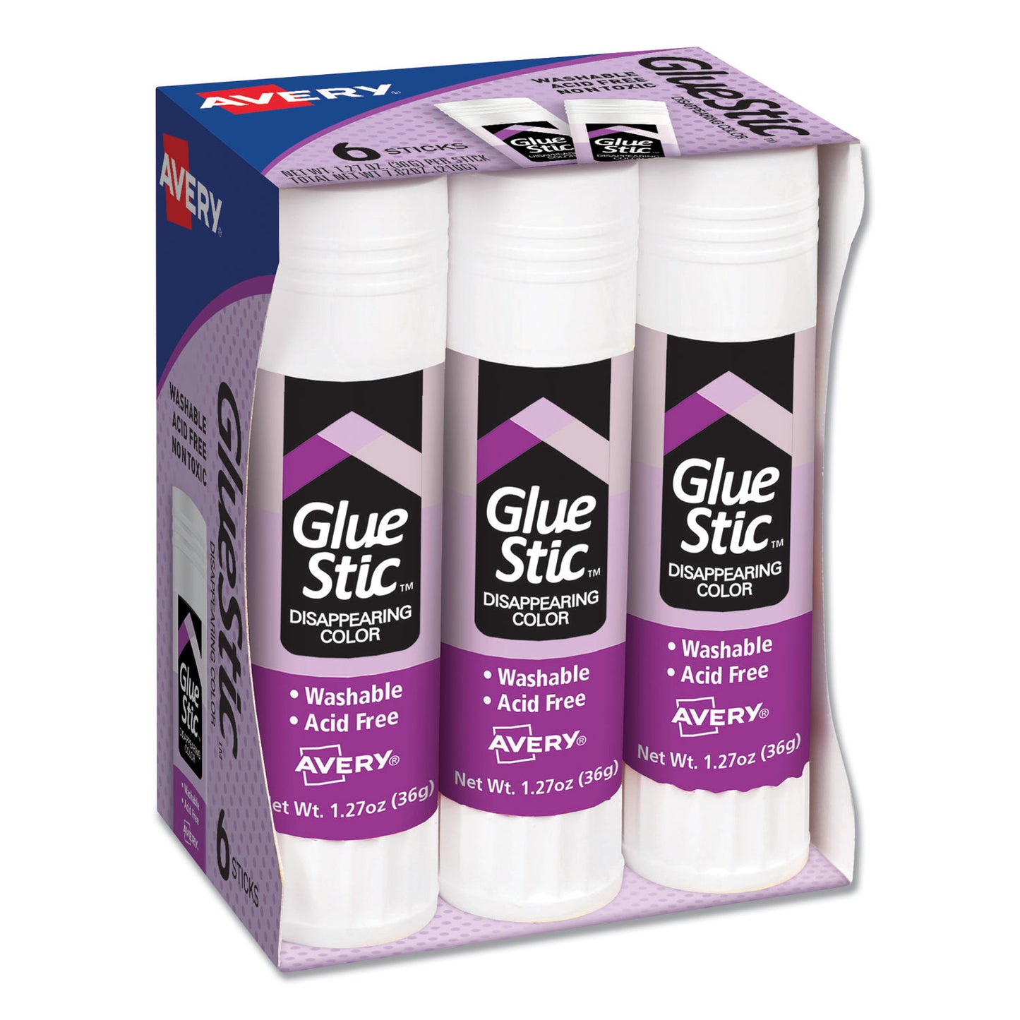 Avery Permanent Glue Stic Value Pack, 1.27 oz, Applies Purple, Dries Clear, 6/Pack (98071)