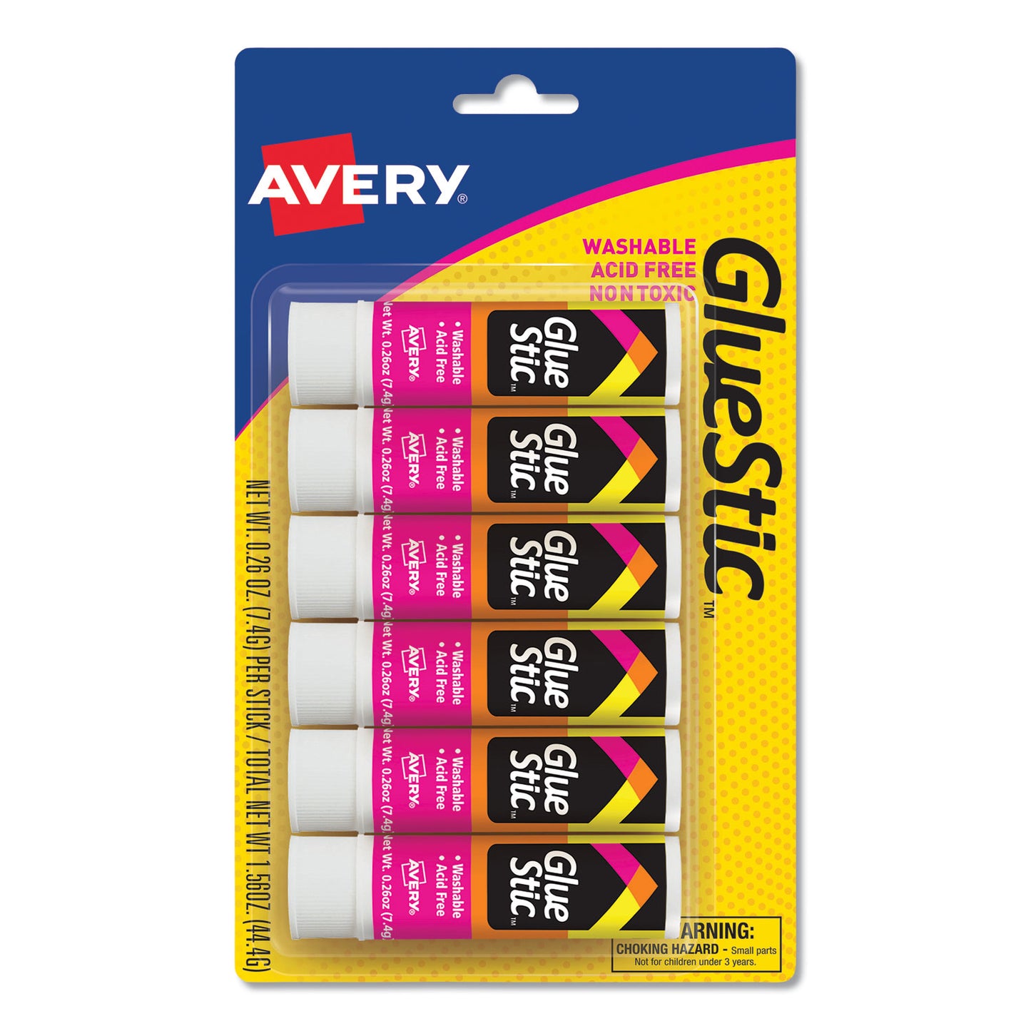 Avery Permanent Glue Stic Value Pack, 0.26 oz, Applies White, Dries Clear, 6/Pack (98095)