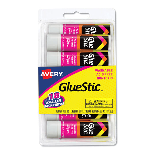 Avery Permanent Glue Stic Value Pack, 0.26 oz, Applies White, Dries Clear, 18/Pack (98089)