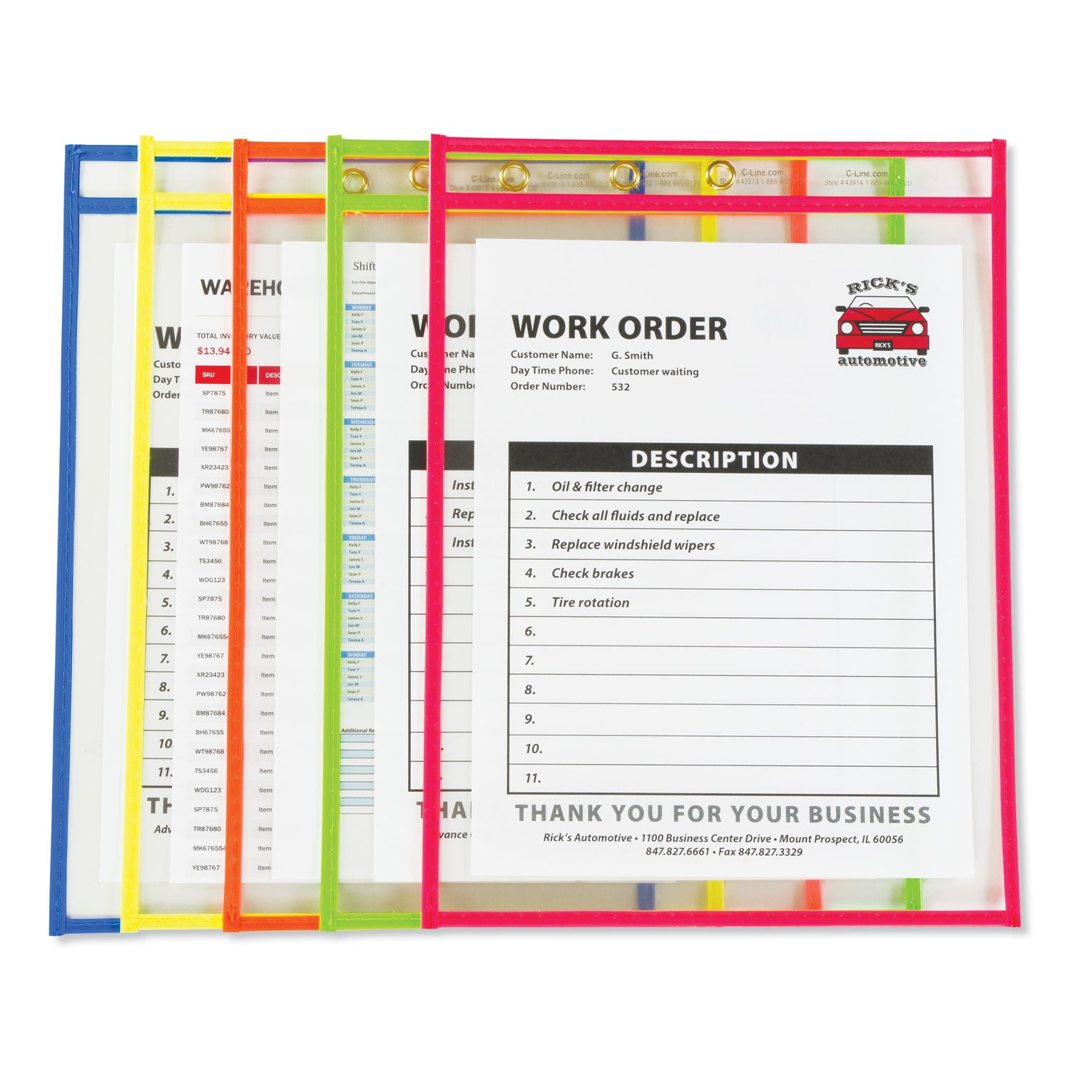 C-Line Stitched Shop Ticket Holders, Neon, Assorted 5 Colors, 75", 9 x 12, 10/Pack (43920)