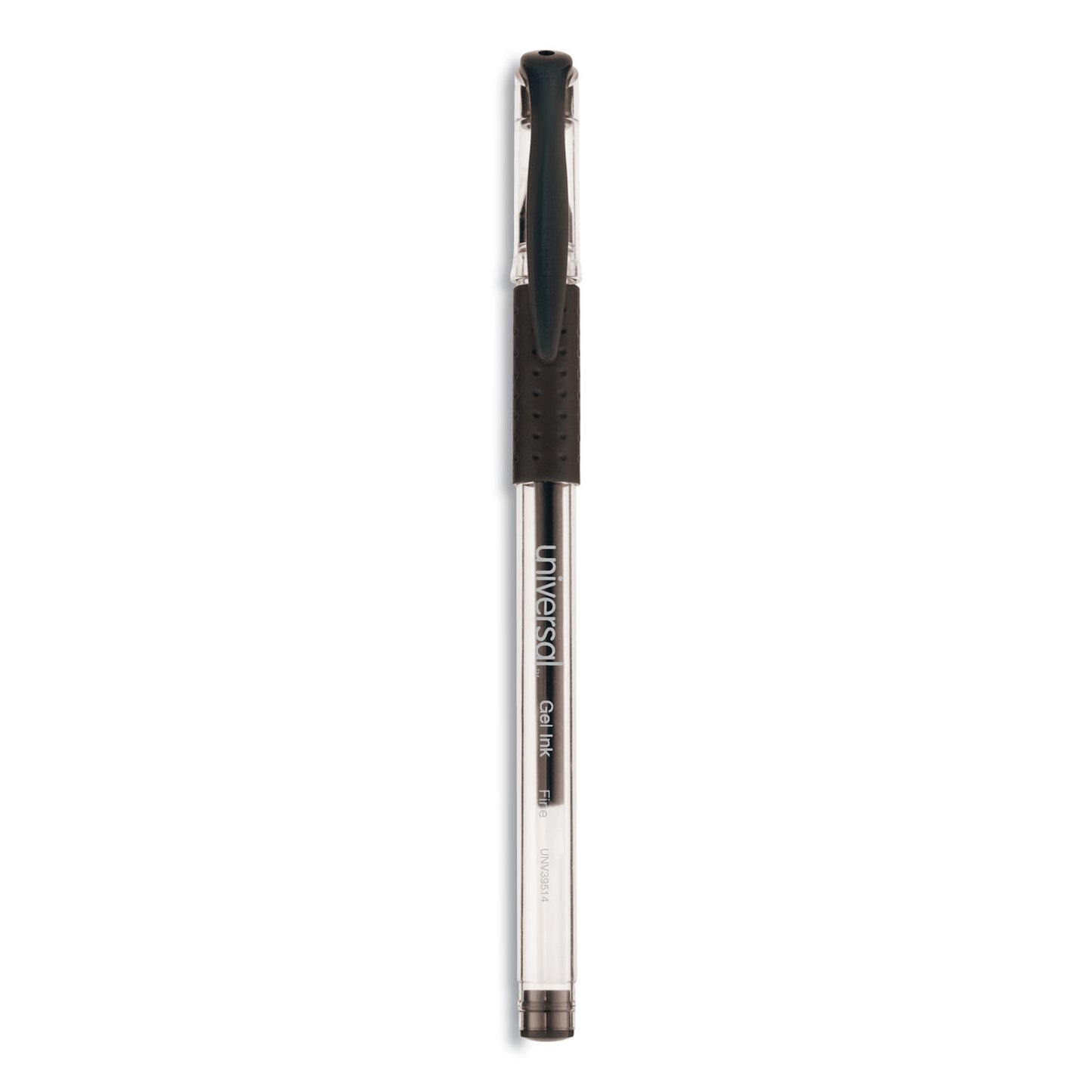 Universal Comfort Grip Gel Pen, Stick, Fine 0.5 mm, Black Ink, Clear/Black Barrel, Dozen (39514)