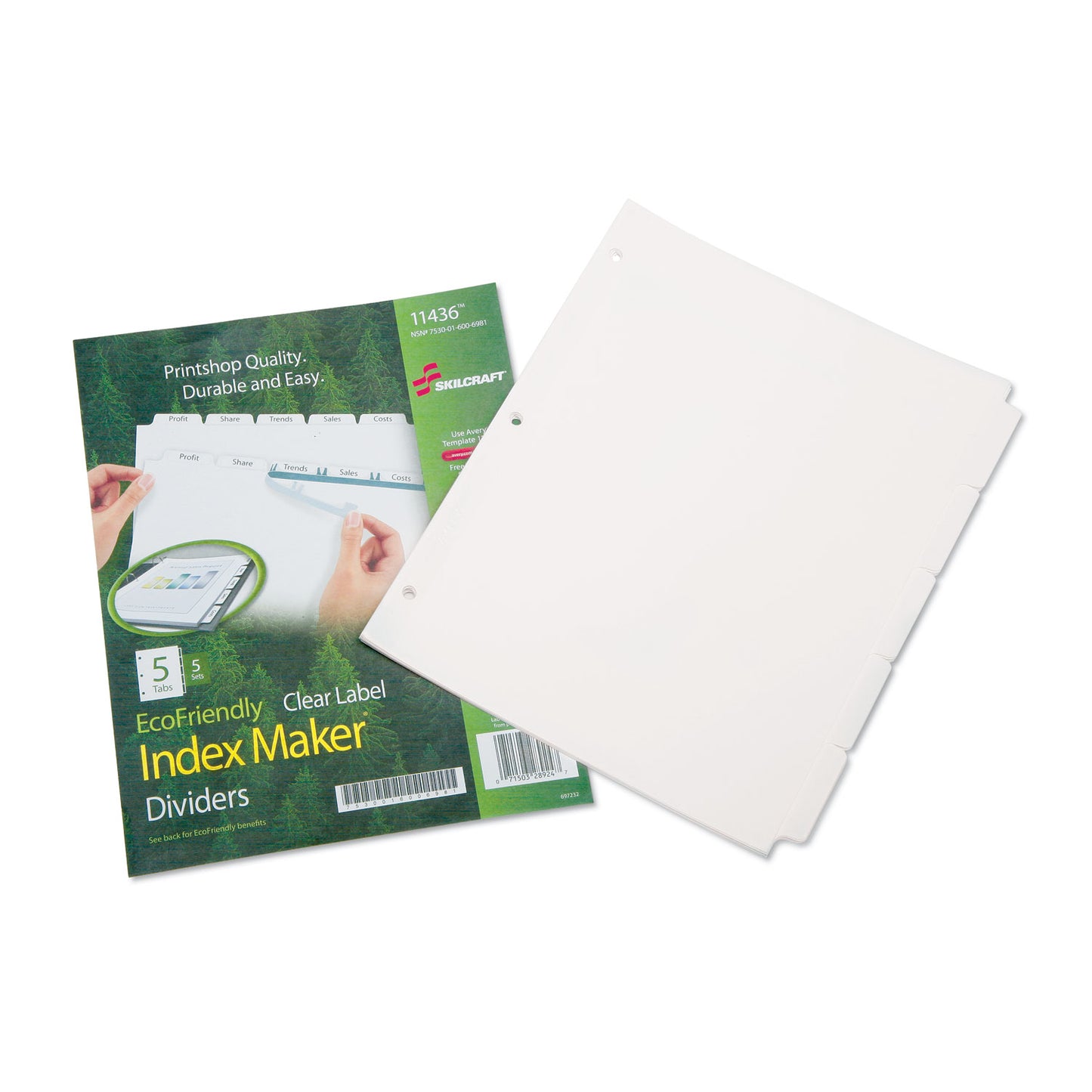 AbilityOne 7530016006981, SKILCRAFT Avery Index Maker Dividers, 5-Tab, 11 x 8.5, White, 5 Sets