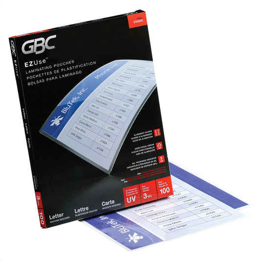 GBC EZUse Thermal Laminating Pouches, 3 mil, 9" x 11.5", Gloss Clear, 100/Box (3745003)