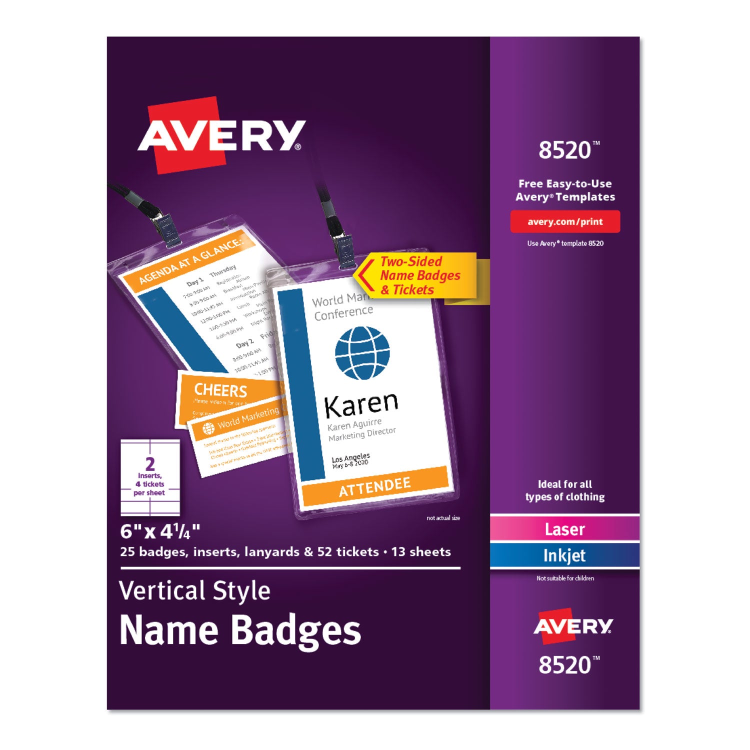 Avery Lanyard-Style Badge Holder w/Laser/Inkjet Inserts, Top Load, 4.25 x 6, WE, 25/PK (8520)