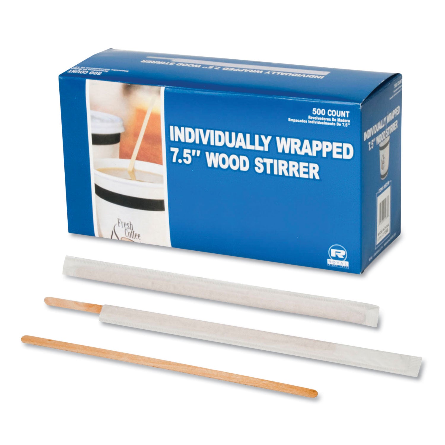 Wood Coffee Stirrers, 7.5", Wrapped, 5,000/carton