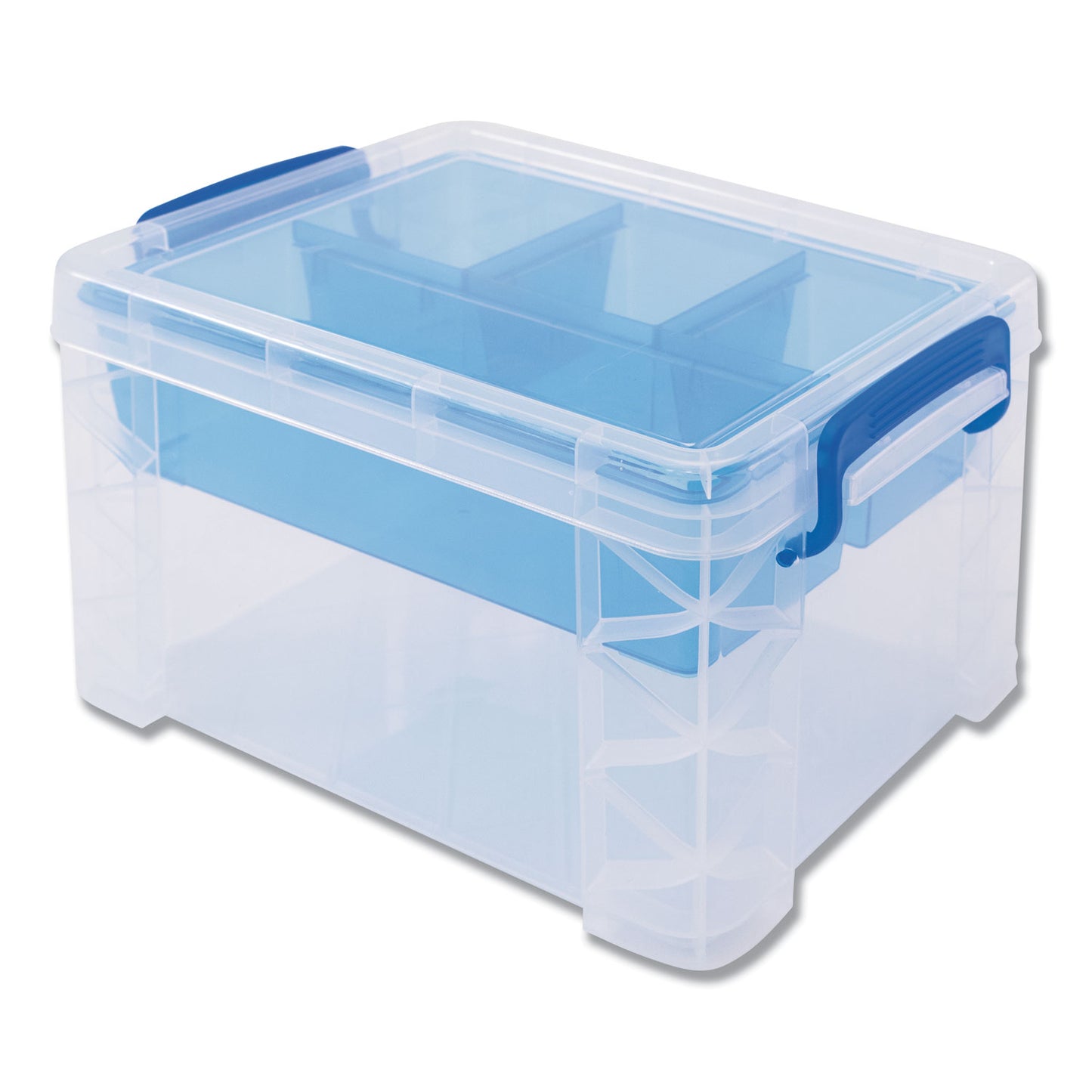 Advantus Super Stacker Divided Storage Box, 5 Sections, 7.5" x 10.13" x 6.5", Clear/Blue (37375)