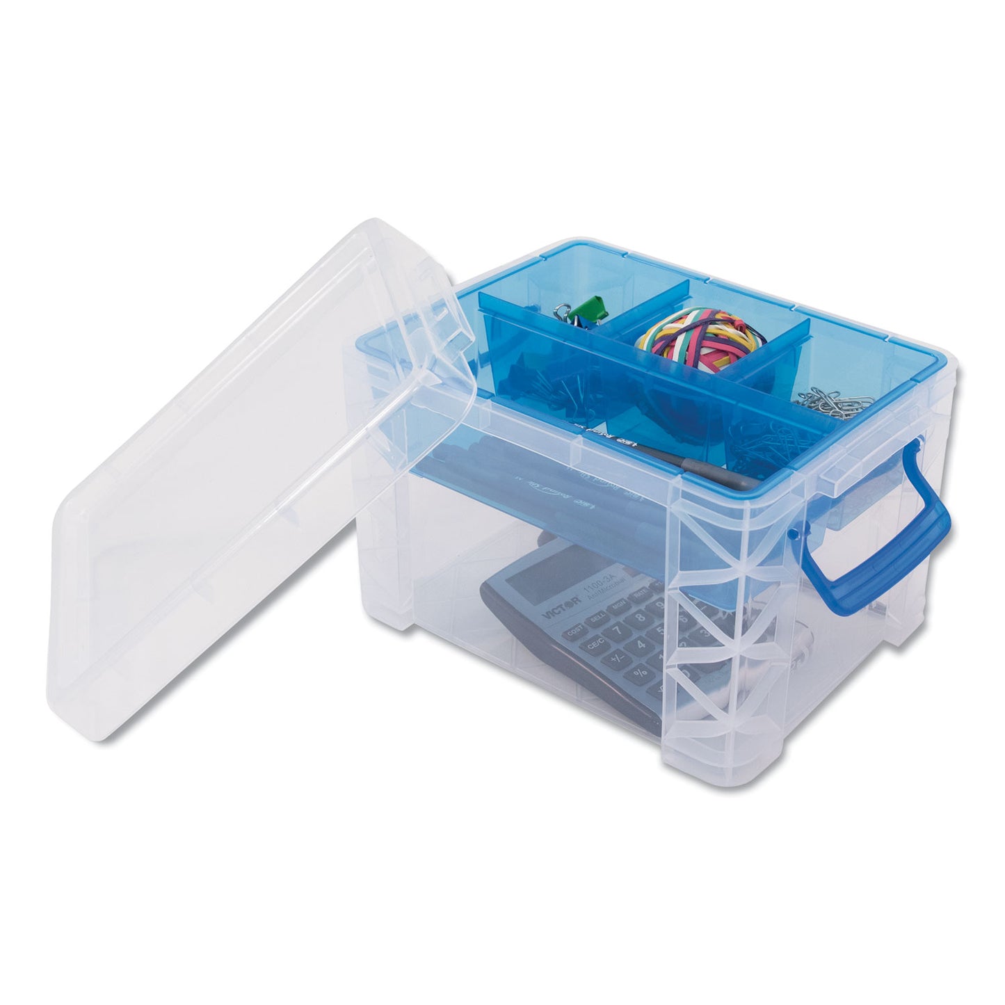 Advantus Super Stacker Divided Storage Box, 5 Sections, 7.5" x 10.13" x 6.5", Clear/Blue (37375)