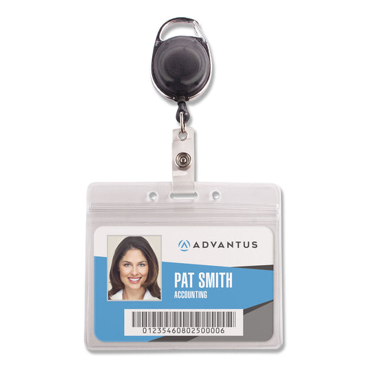 Advantus Resealable Badge Holder Combo with Badge Reel, 30" Cord, Horizontal, Frost 4.13" x 3.75" Holder, 3.75" x 2.63" Insert, 10/PK (91130)