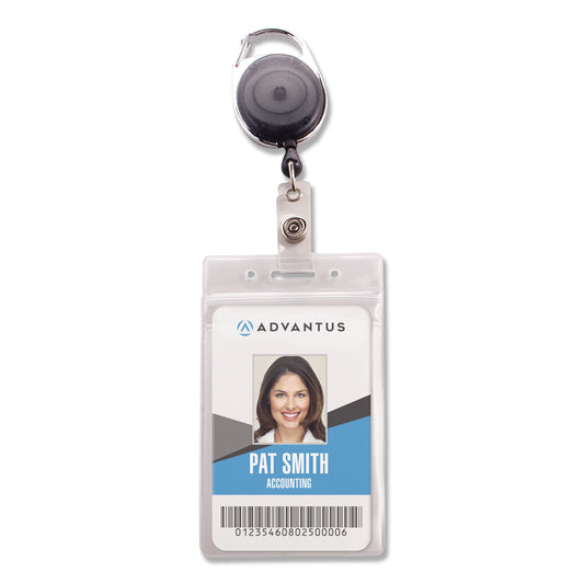 Advantus Resealable Badge Holder Combo Pack with Badge Reel, 30" Cord, Vertical, Frost 2.68" x 5" Holder, 2.38" x 3.75" Insert, 10/PK (91129)