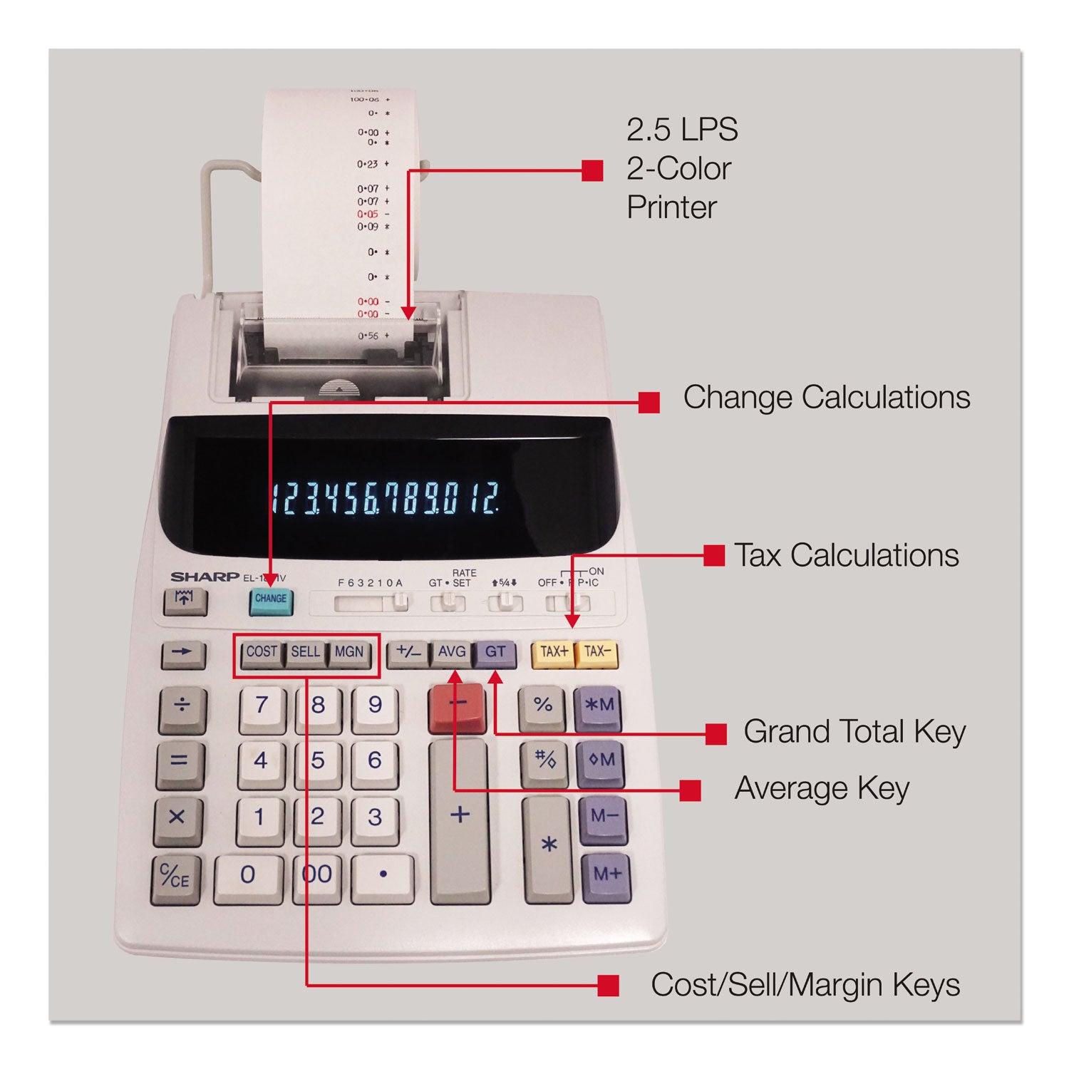 Sharp EL-1801V Two-Color Printing Calculator, Black/Red Print, 2.1 Lines/Sec