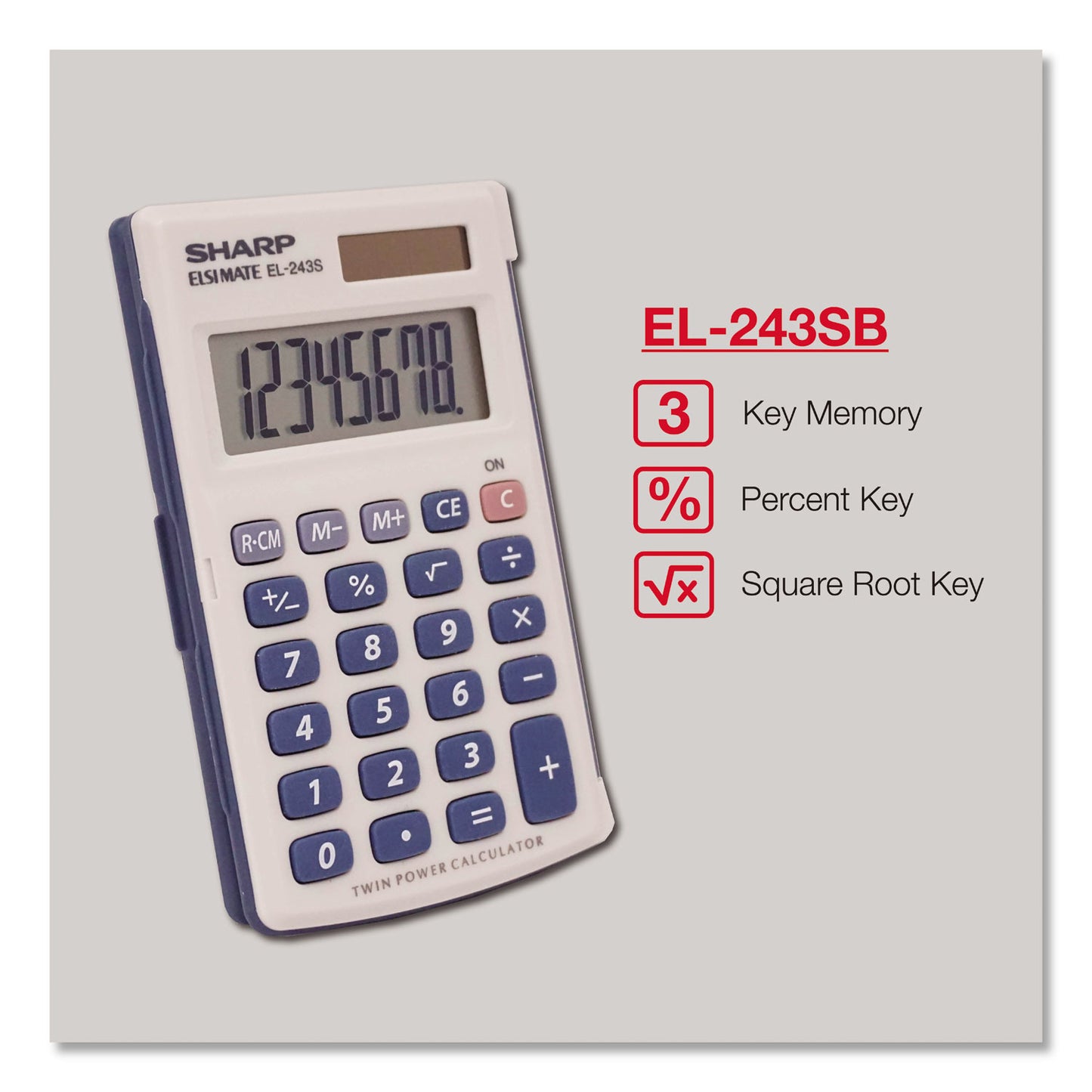 Sharp EL-243SB Solar Pocket Calculator, 8-Digit LCD