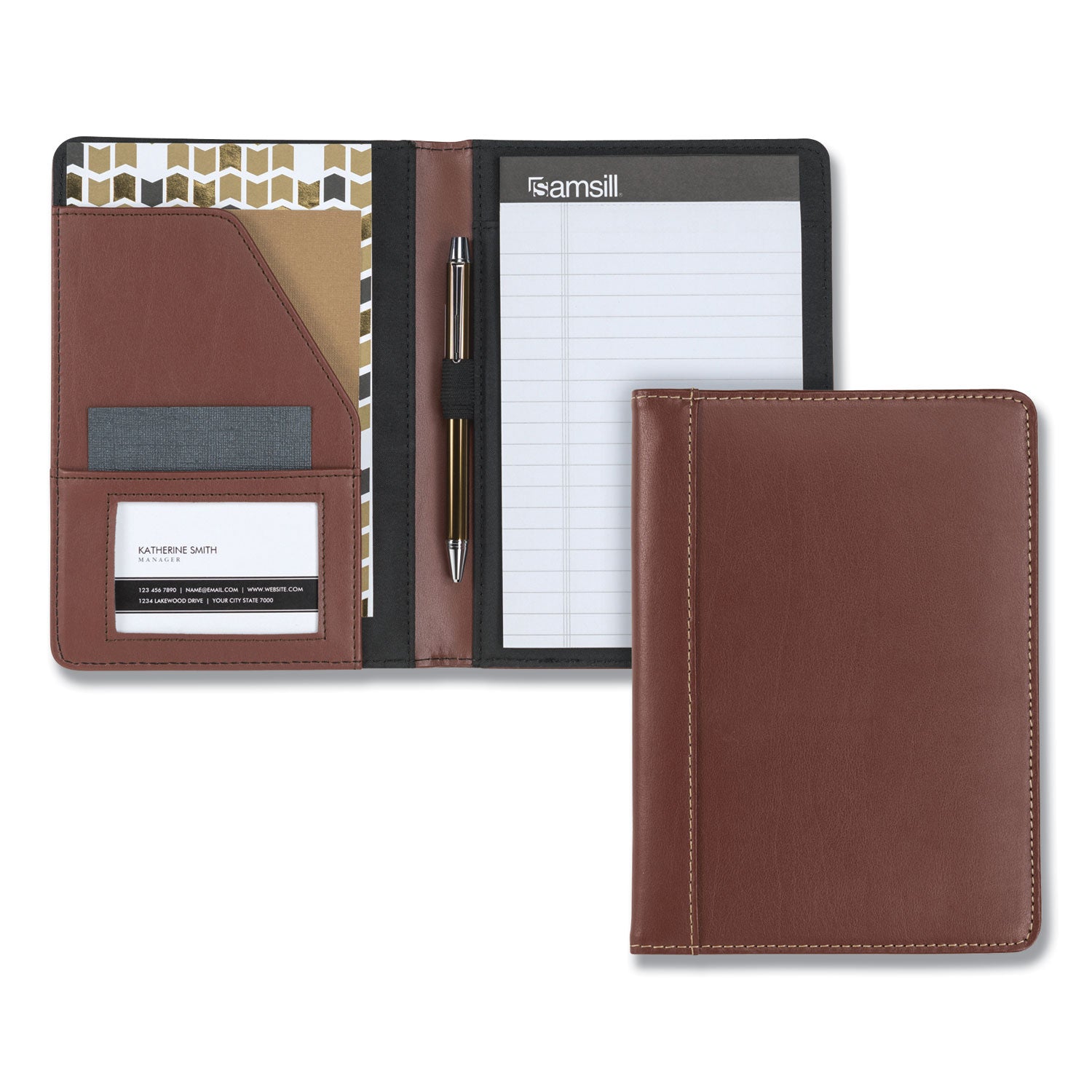 Samsill Contrast Stitch Leather Padfolio, 6.25w x 8.75h, Open Style, Brown (71736)