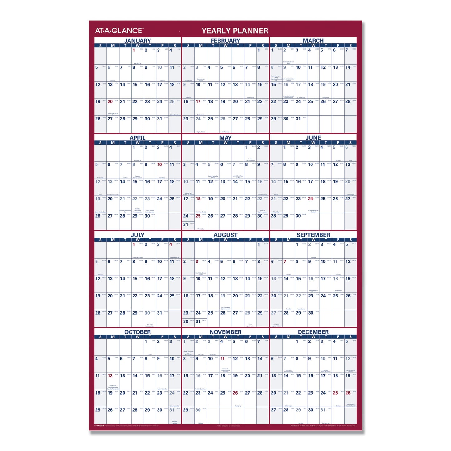 AT-A-GLANCE Erasable Vertical/Horizontal Wall Planner, 32 x 48, White/Blue/Red Sheets, 12-Month (Jan to Dec): 2025 (PM32628)