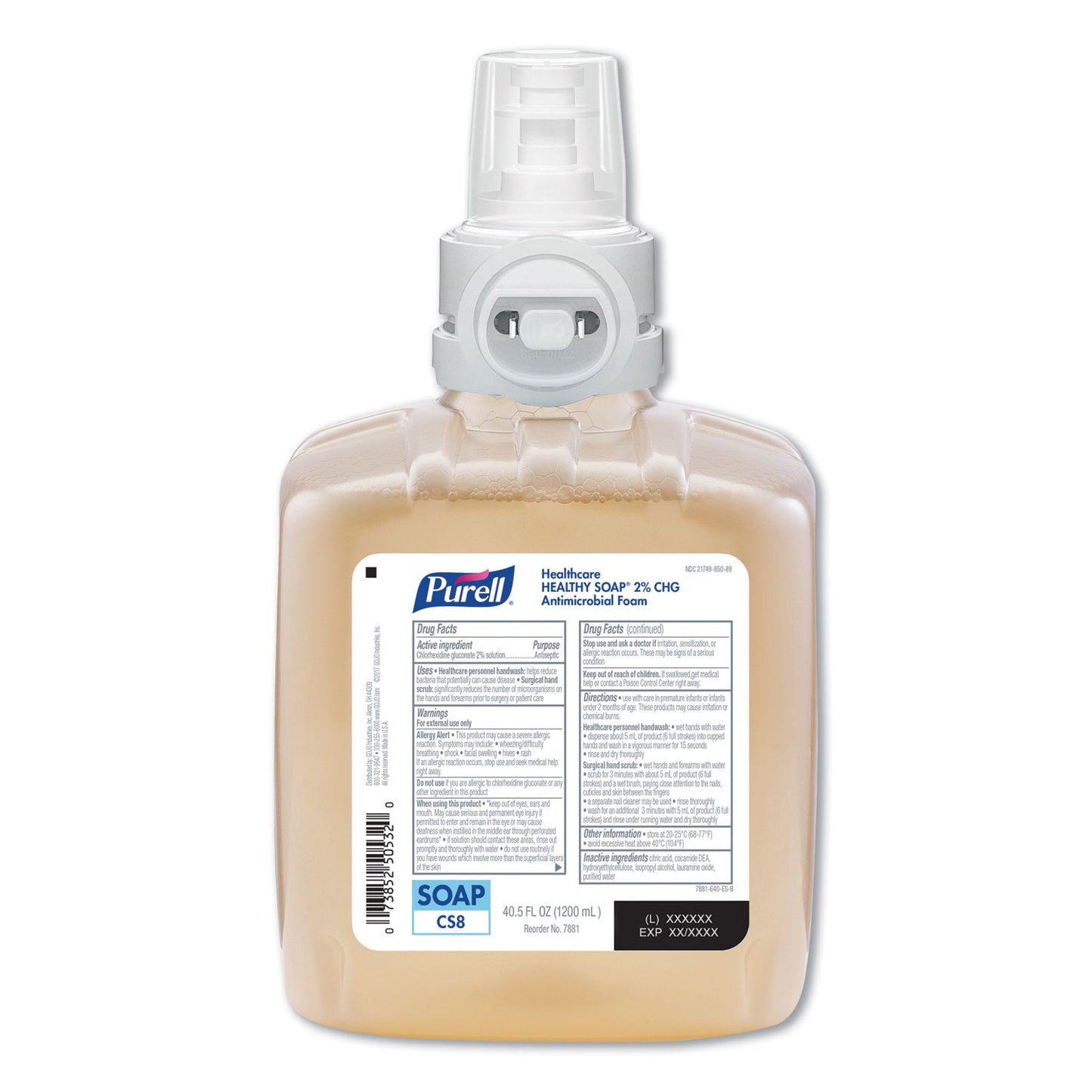 PURELL Healthy Soap 2.0% CHG Antimicrobial Foam Refill for CS8 Dispensers, Fragrance-Free, 1,200 mL, 2/Carton (788102)