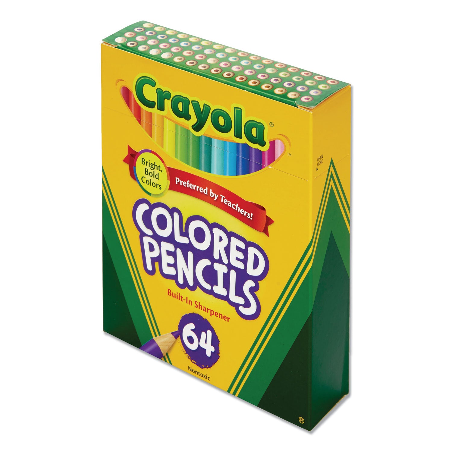 Crayola Short Colored Pencils Hinged Top Box with Built-in Pencil Sharpener, 3.3 mm, 2B, Assorted Lead and Barrel Colors, 64/Pack (683364)