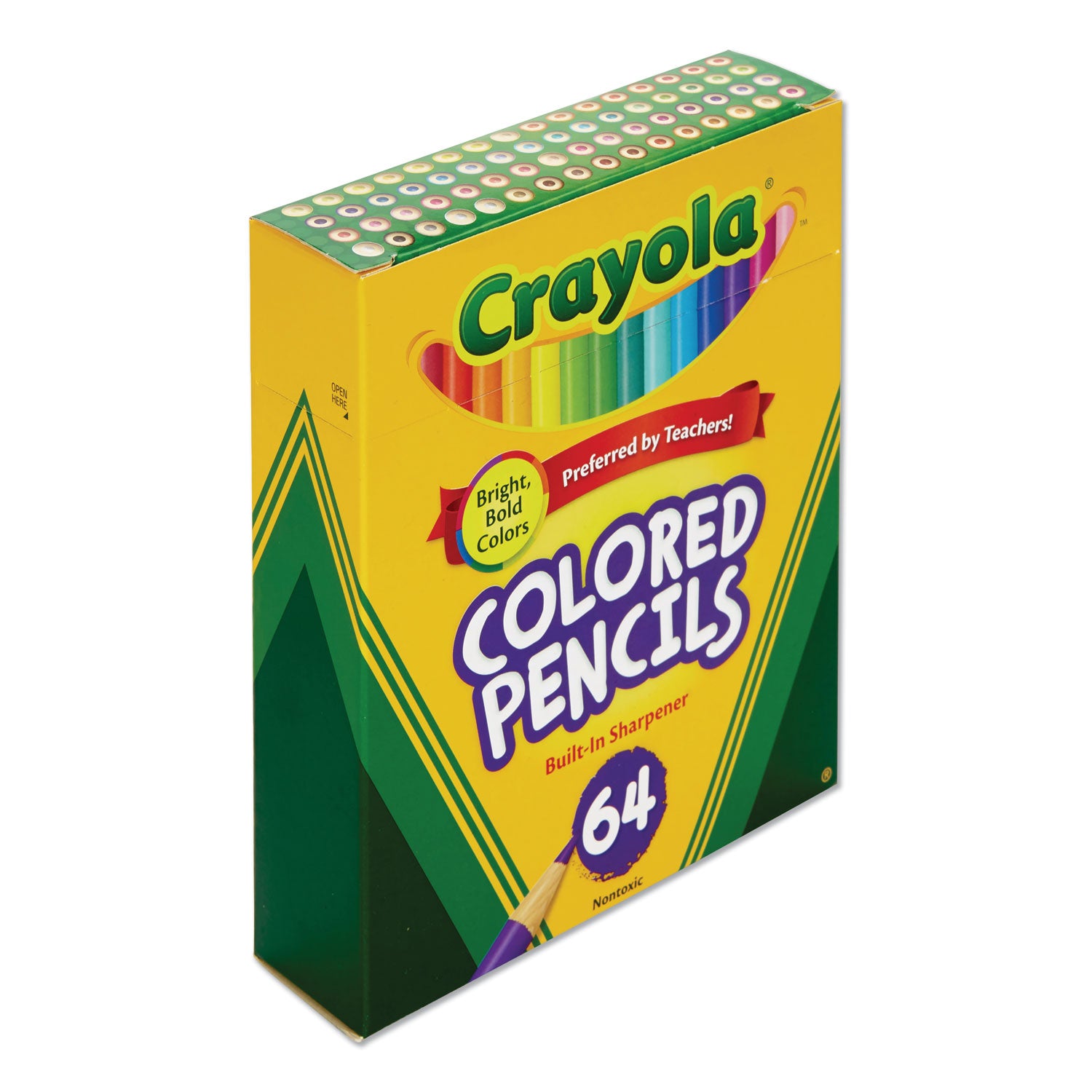 Crayola Short Colored Pencils Hinged Top Box with Built-in Pencil Sharpener, 3.3 mm, 2B, Assorted Lead and Barrel Colors, 64/Pack (683364)