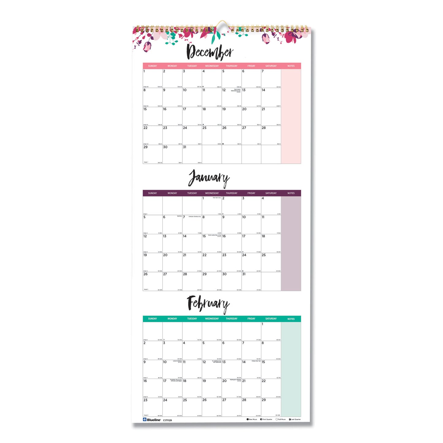 Blueline 3-Month Wall Calendar, Colorful Leaves Artwork, 12.25 x 27, White/Multicolor Sheets, 14-Month (Dec to Jan): 2025 (C171129)