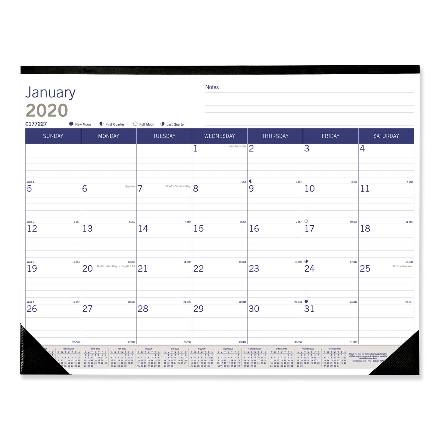 Blueline DuraGlobe Monthly Desk Pad Calendar, 22 x 17, White/Blue/Gray Sheets, Black Binding/Corners, 12-Month (Jan to Dec): 2025 (C177227)