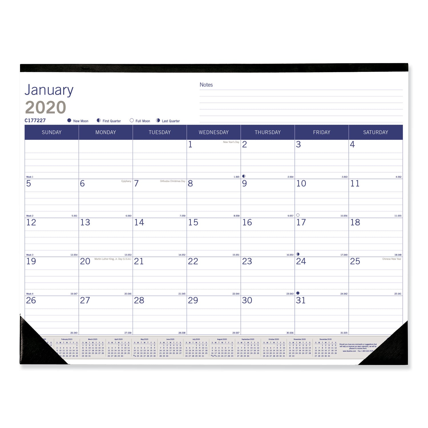 Blueline DuraGlobe Monthly Desk Pad Calendar, 22 x 17, White/Blue/Gray Sheets, Black Binding/Corners, 12-Month (Jan to Dec): 2025 (C177227)