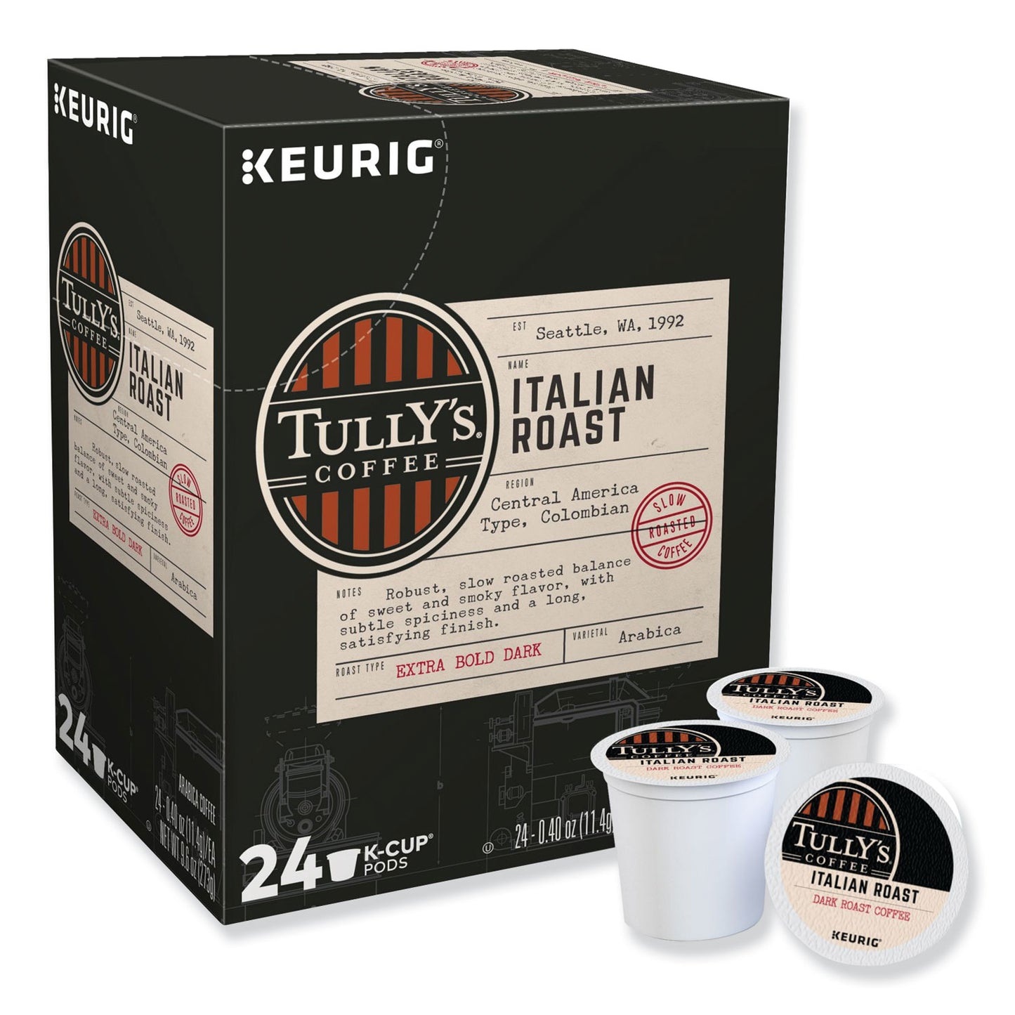 Tully's Coffee Italian Roast Coffee K-Cups, 24/Box (193019)