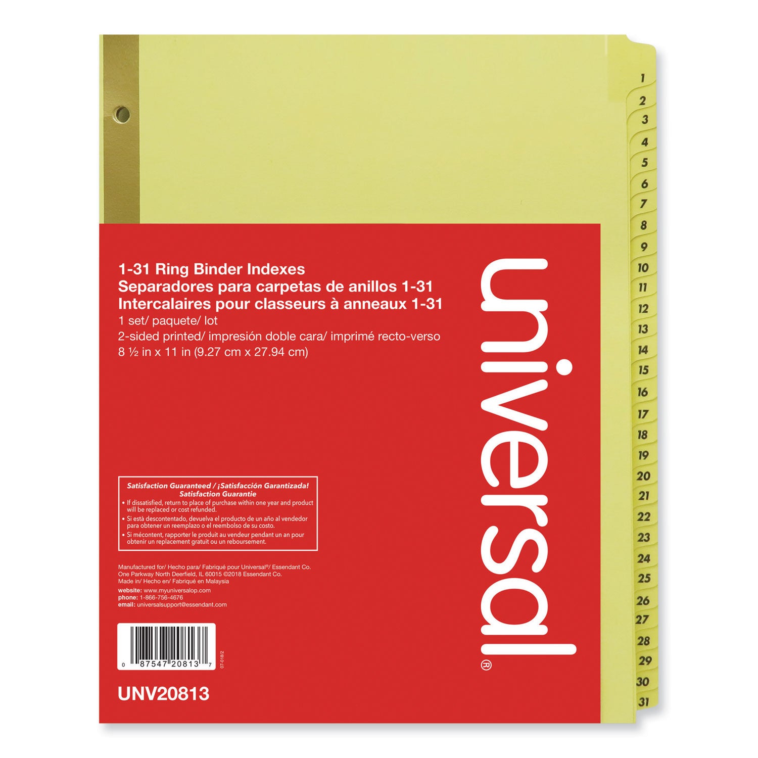 Universal Deluxe Preprinted Plastic Coated Tab Dividers with Black Printing, 31-Tab, 1 to 31, 11 x 8.5, Buff, 1 Set (20813)