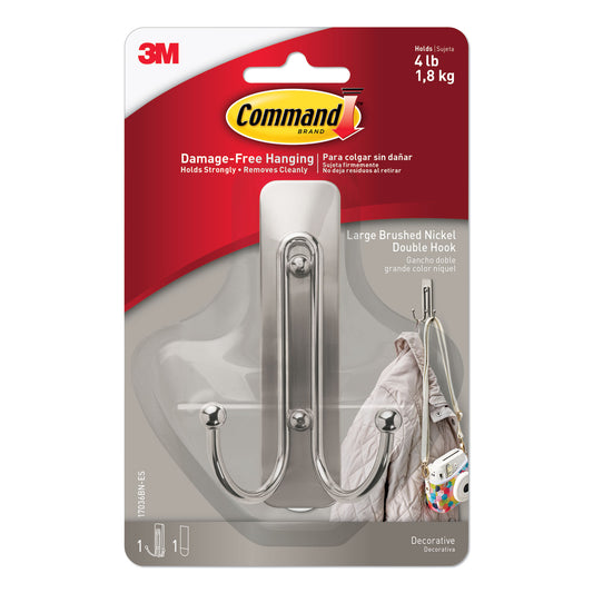 Command Adhesive Mount Metal Hook, Large, Double Hook, Brushed Nickel Finish, 4 lb Capacity, 1 Hook and 2 Strips (17036BNES)